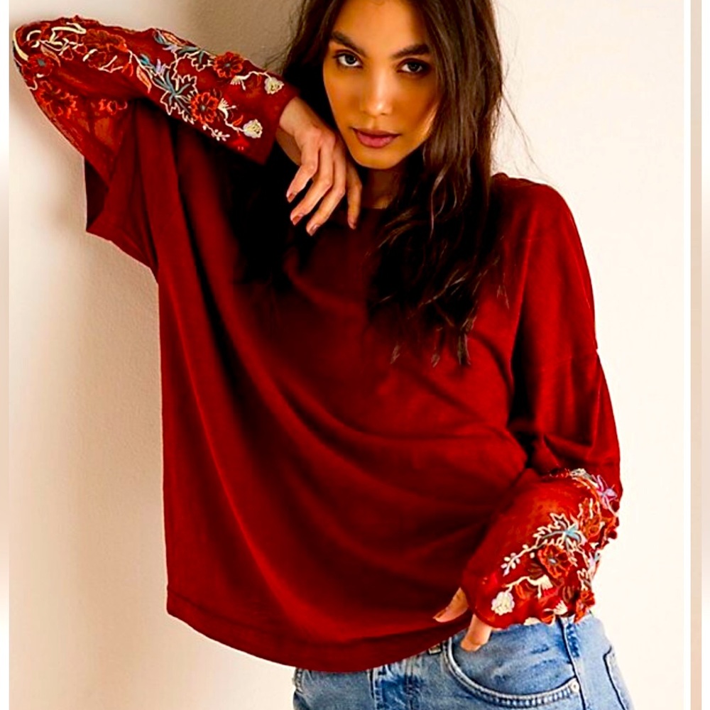Free People Red Embroidered Long Sleeve Tee (Gardener Tee)